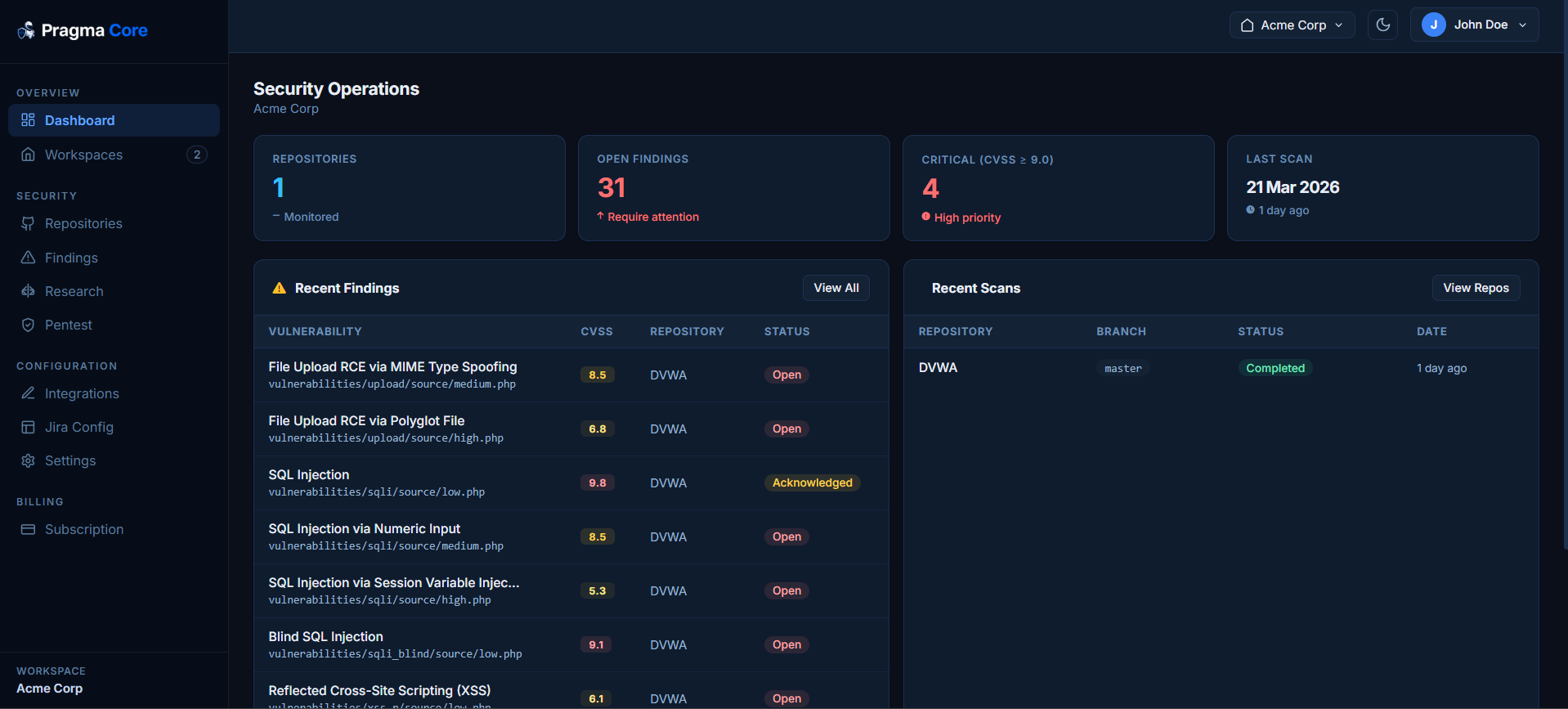 Pragma Core dashboard - vulnerability findings and security scan overview